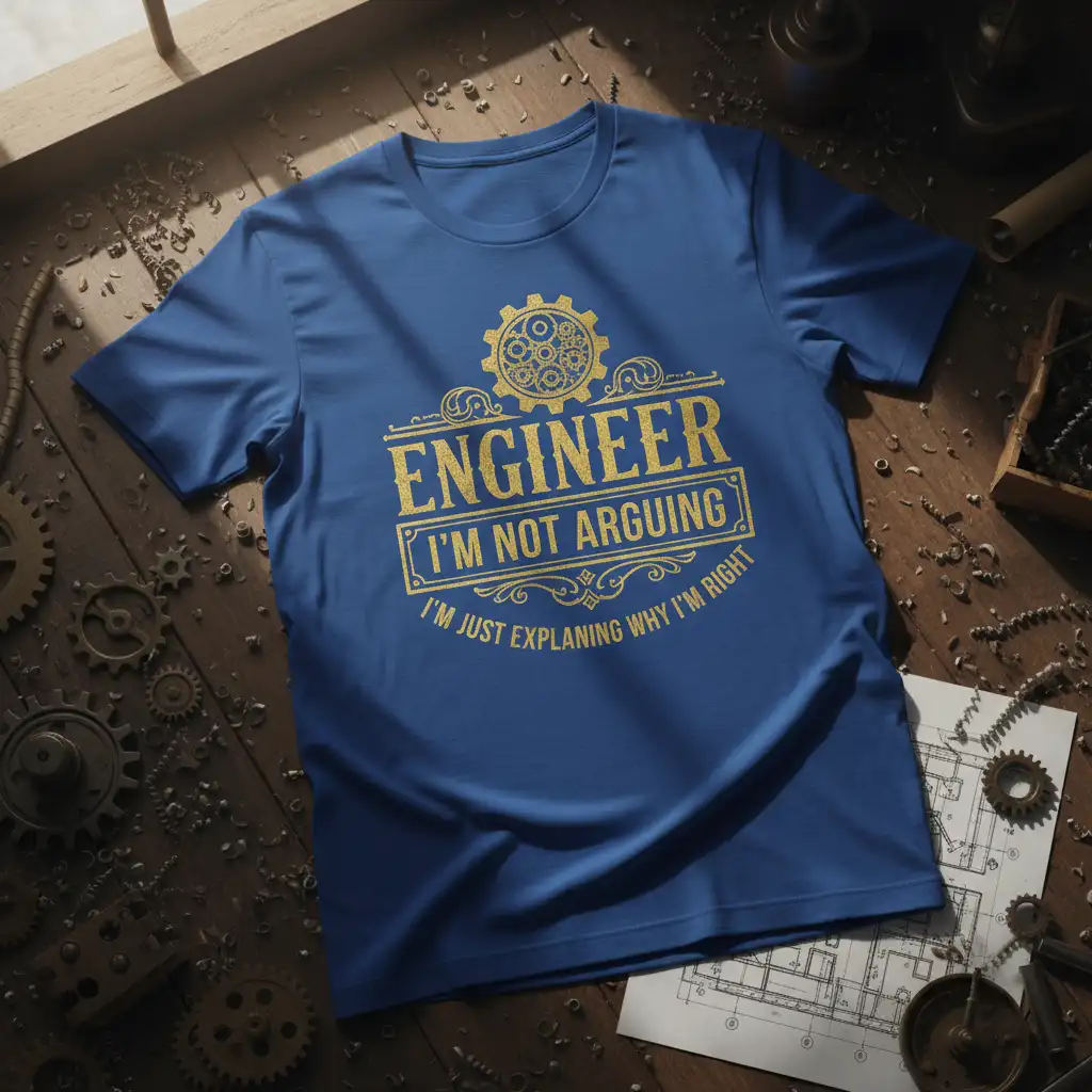 Engineer I'm Not Arguing I'm Just Explaining Why I'm Right quote on blue tee with gold gears