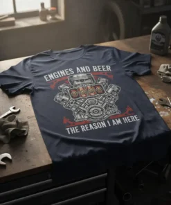 Engines and Beer The Reason I Am Here text with V8 engine graphic on navy t-shirt