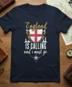 England IS CALLING and i must go t-shirt design with St George's Cross shield and UK landmarks