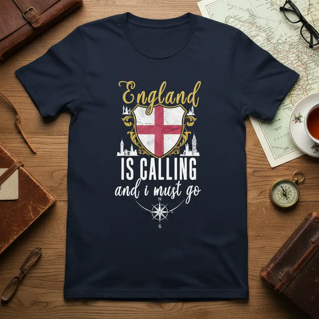 England IS CALLING and i must go quote on a t-shirt with St George's Cross and UK skyline
