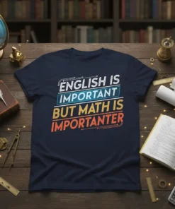 T-shirt with the quote "ENGLISH IS IMPORTANT BUT MATH IS IMPORTANTER" in bold, colorful typography