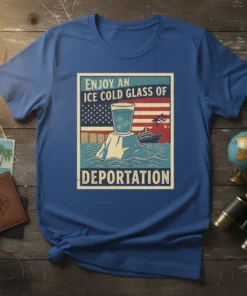 T-shirt design featuring the text "Enjoy An Ice Cold Glass Of Deportation" with an American flag and a cruise ship