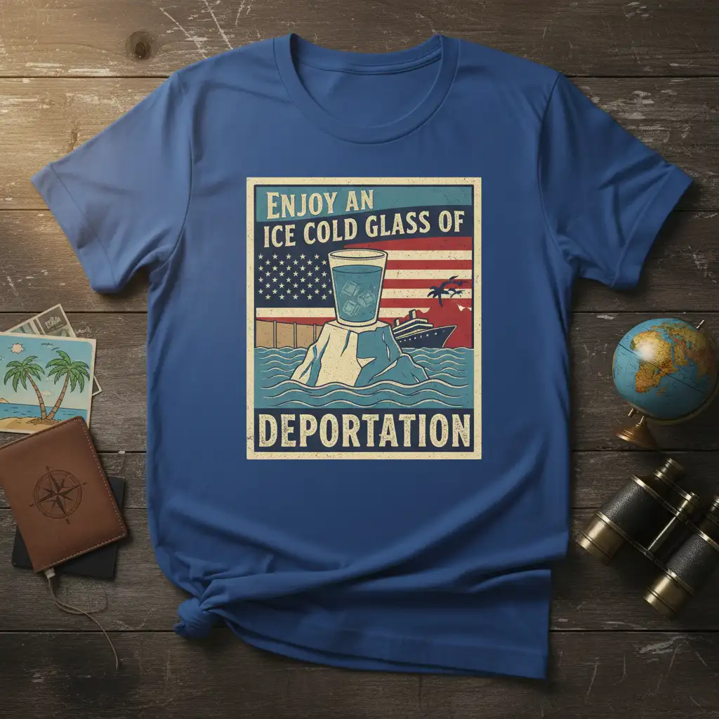 Enjoy An Ice Cold Glass Of Deportation quote on a t-shirt with American flag and cruise ship graphic