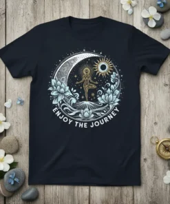 Enjoy The Journey text on a dark t-shirt with a celestial yoga mandala design featuring a sun and moon