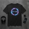 Black t-shirt featuring the ENSO logo in a neon blue and pink glowing circle with abstract geometric lines, part of