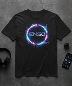 Black t-shirt featuring the ENSO logo in a neon blue and pink glowing circle with abstract geometric lines, part of