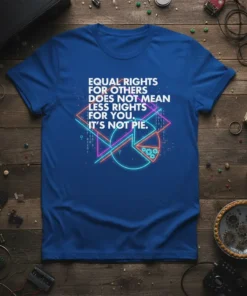 T-shirt with "EQUAL RIGHTS FOR OTHERS DOES NOT MEAN LESS RIGHTS FOR YOU. IT'S NOT PIE." text and a neon