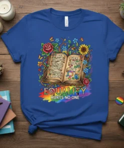 Equality Hurts No One t-shirt design with open book listing virtues and LGBTQ+ symbols, surrounded by flowers and butterflies