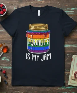 Equality Is My Jam t-shirt featuring a rainbow jam jar graphic and bold white text
