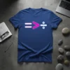 Equals Greater Than Divide math symbols graphic on a blue t-shirt, designed for math enthusiasts