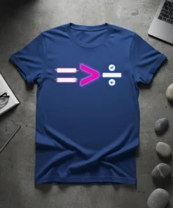 Equals Greater Than Divide math symbols graphic on a blue t-shirt, designed for math enthusiasts
