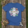 Equestrian Floral Dreams t-shirt design featuring four colorful horses in a floral wreath with bows
