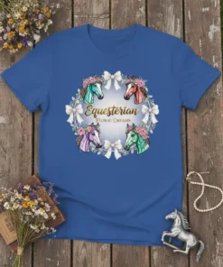 Equestrian Floral Dreams t-shirt design featuring four colorful horses in a floral wreath with bows