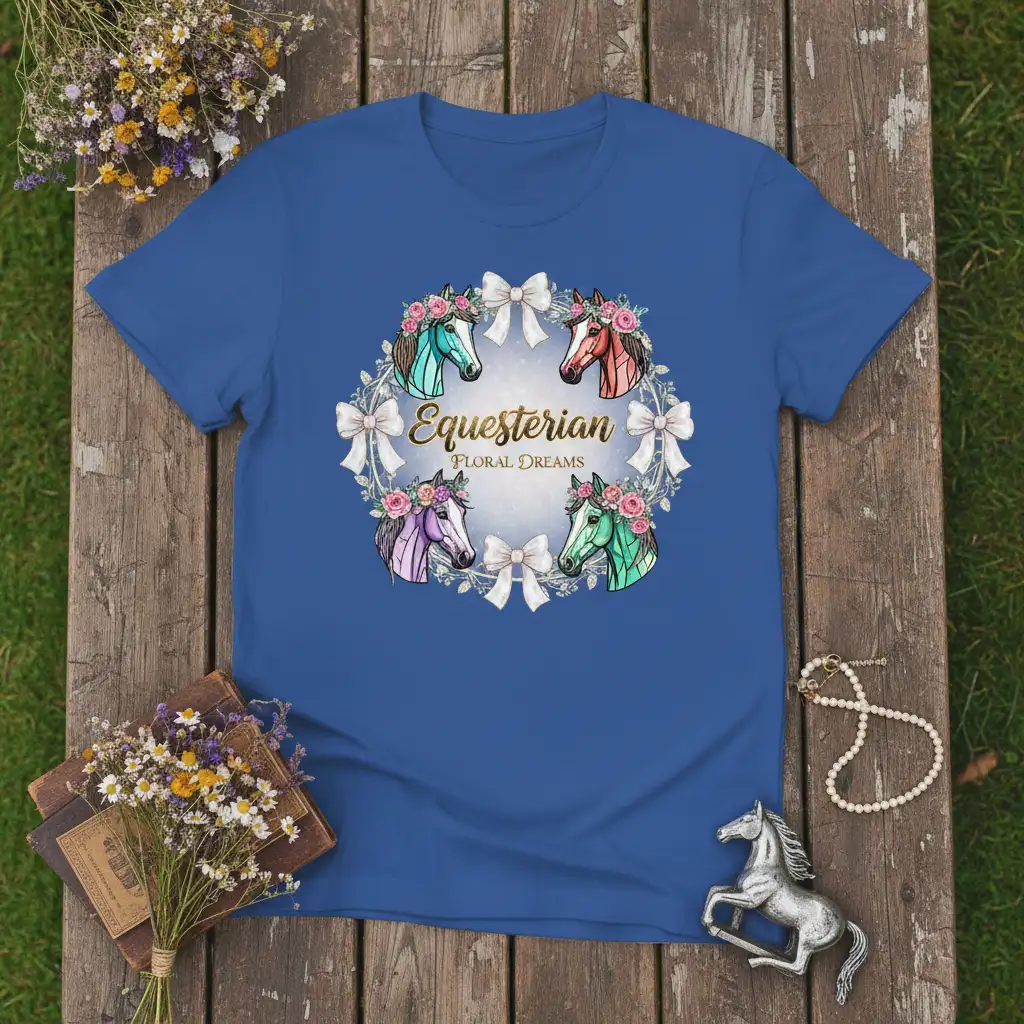 Equestrian Floral Dreams t-shirt design with four pastel horses in a floral wreath