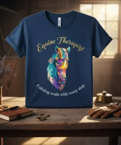Navy t-shirt with colorful horse graphic and text "Equine Therapist Calming souls with every step"