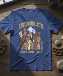 T-shirt with text EQUITY, EQUALITY, JUSTICE. DIGNITY, RESPECT, UNITY. and diverse hands raised, symbolizing unity and social justice