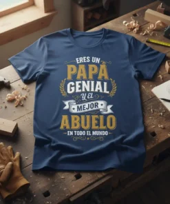 Eres un Papa Genial y el Mejor Abuelo en todo el mundo text on a navy blue t-shirt, featuring golden