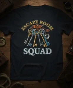 Escape Room Squad t-shirt design with vintage keys and puzzle elements