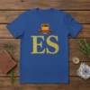 Blue t-shirt with "España ES" in gold distressed lettering and a Spanish flag crest above