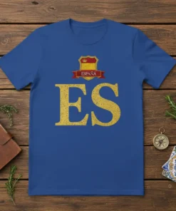 Blue t-shirt with "España ES" in gold distressed lettering and a Spanish flag crest above