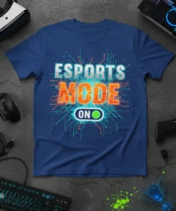 Esports Mode On text with circuit board design on a blue t-shirt, featuring an ON switch graphic