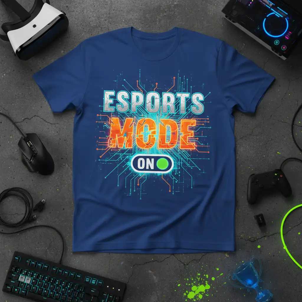 Esports Mode On gamer t-shirt design with circuit board graphic and toggle switch