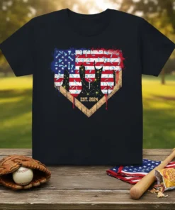 Est. 2024 Baseball Heart T-Shirt featuring a distressed American flag design inside a baseball home plate graphic