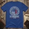 Est. Independence 1776 T-Shirt with vintage American flag shield and patriotic design