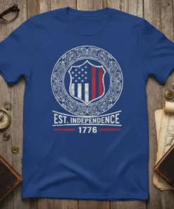 Est. Independence 1776 T-Shirt with vintage American flag shield and patriotic design