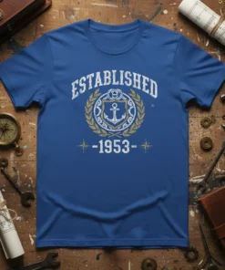Established 1953 vintage anchor t-shirt with distressed typography and nautical emblem
