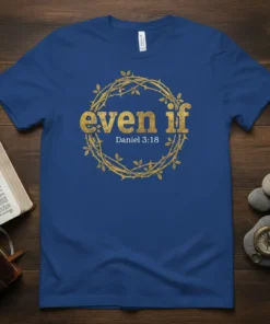 Blue t-shirt with gold "even if Daniel 3:18" text inside a thorny crown graphic