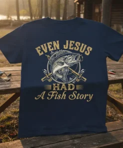Even Jesus Had A Fish Story t-shirt with bass graphic, fishing rods, and golden text