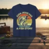 Even Jesus Had A Fish Story graphic tee with a jumping fish and vintage sunset graphic