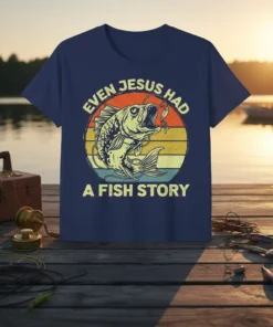 Even Jesus Had A Fish Story graphic tee with a jumping fish and vintage sunset graphic