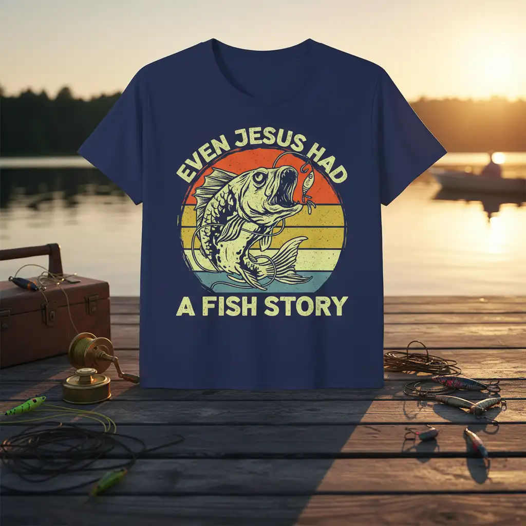 Even Jesus Had A Fish Story humorous fishing quote on a navy blue t-shirt with vintage sunset graphic
