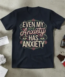 T-shirt with the bold quote "EVEN MY Anxiety HAS ANXIETY" in decorative lettering, featuring stylized eyes and roses