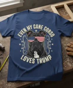 Even My Cane Corso Loves Trump t-shirt featuring a black Cane Corso wearing American flag sunglasses and patriotic text