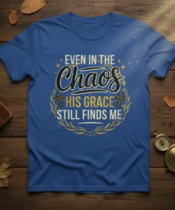Christian t-shirt with the quote "Even In The Chaos His Grace Still Finds Me" in decorative typography and cross graphics