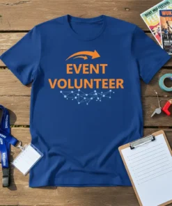 Blue t-shirt with orange text "EVENT VOLUNTEER" and a connected dots graphic