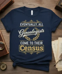 Eventually, All Genealogists Come To Their Census quote on a navy blue t-shirt, featuring vintage typography and laurel wreath graphic
