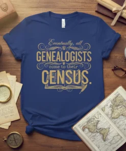Eventually, all GENEALOGISTS come to their CENSUS text design on a navy blue t-shirt, featuring vintage typography and an open