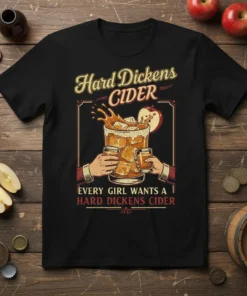 Hard Dickens Cider T-Shirt with the quote "Every Girl Wants A Hard Dickens Cider" and a graphic of a glass