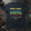 T-shirt with text "EVERY GREAT FATHER TEACHES HIS CHILDREN THE WAYS OF THE FORCE" in colorful, blocky font with lightsaber