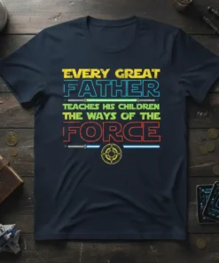 T-shirt with text "EVERY GREAT FATHER TEACHES HIS CHILDREN THE WAYS OF THE FORCE" in colorful, blocky font with lightsaber