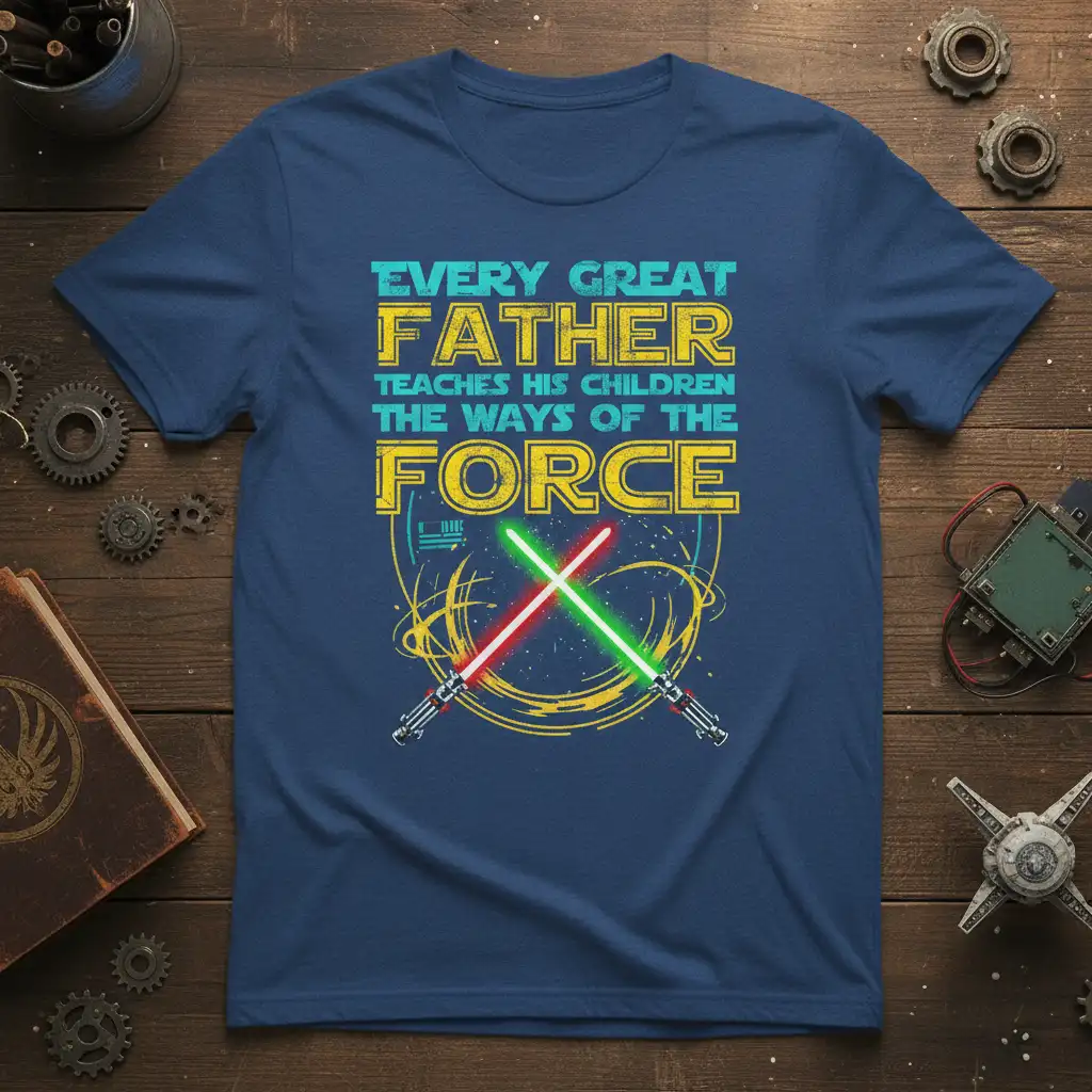 Every Great Father Teaches His Children The Ways Of The Force quote on a t-shirt with crossed red and green lightsabers