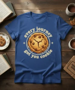 T-shirt with the phrase "every journey got you cookie" encircling a chocolate chip cookie graphic