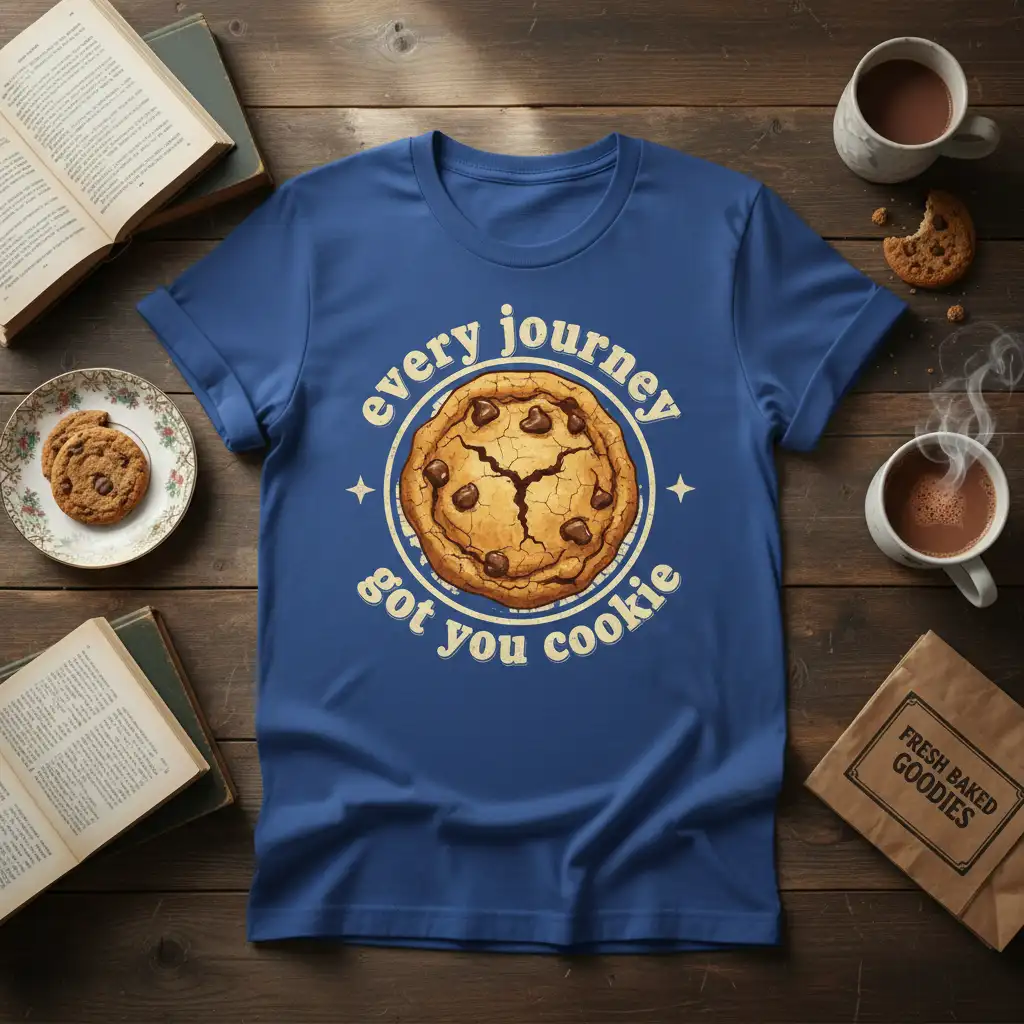 Every journey got you cookie quote with chocolate chip cookie graphic on blue t-shirt
