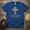 Christian t-shirt with ornate cross graphic and the quote "EVERY KNEE SHALL BOW AND EVERY TONGUE CONFESS CHRIST IS LORD"