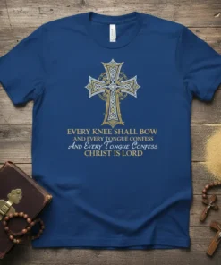 Christian t-shirt with ornate cross graphic and the quote "EVERY KNEE SHALL BOW AND EVERY TONGUE CONFESS CHRIST IS LORD"