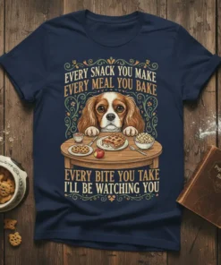 Navy t-shirt with text "Every Snack You Make, Every Meal You Bake, Every Bite You Take, I'll Be Watching You"